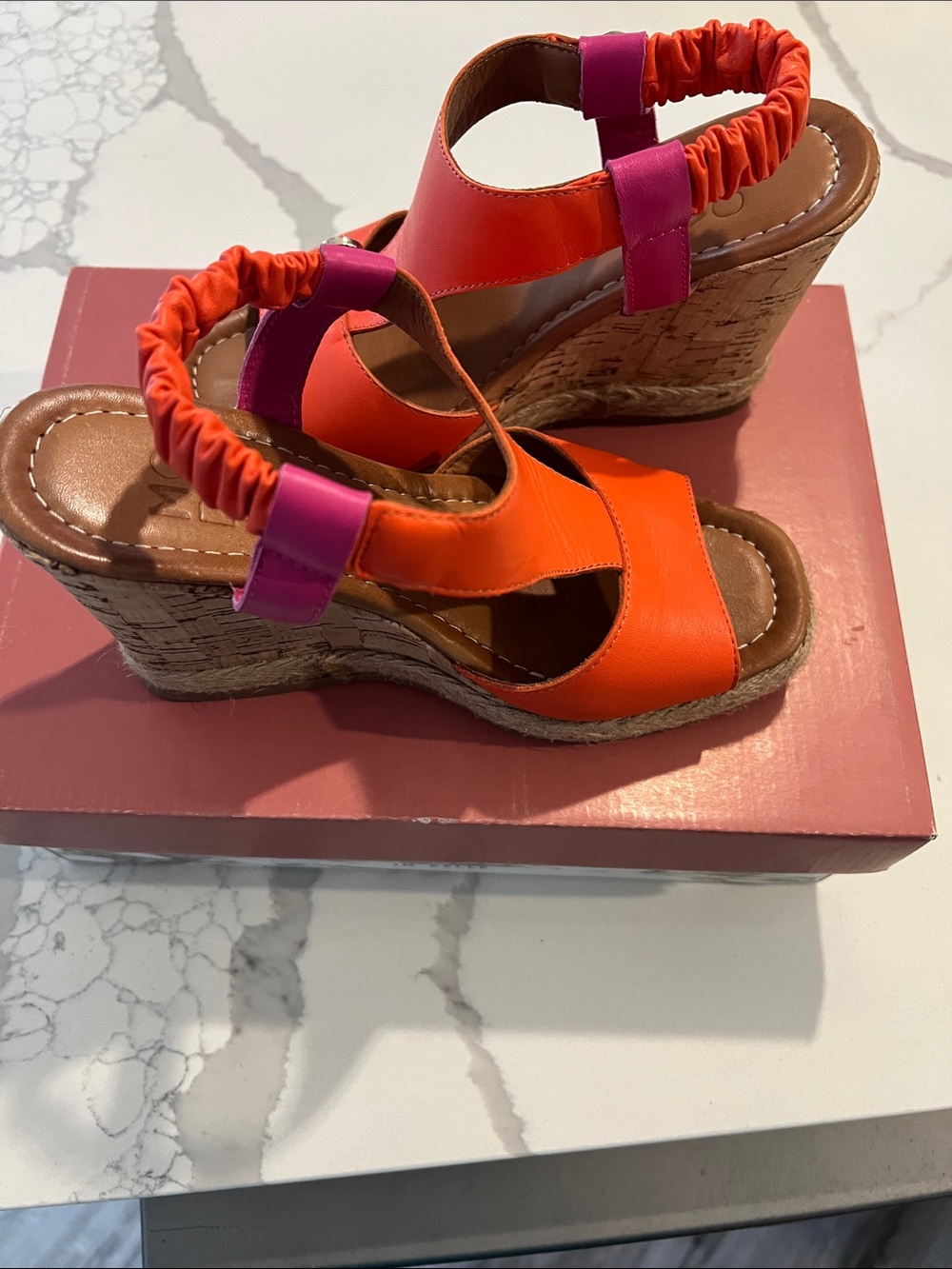 Bright Orange and Pink Cork Wedge Sandals for Women